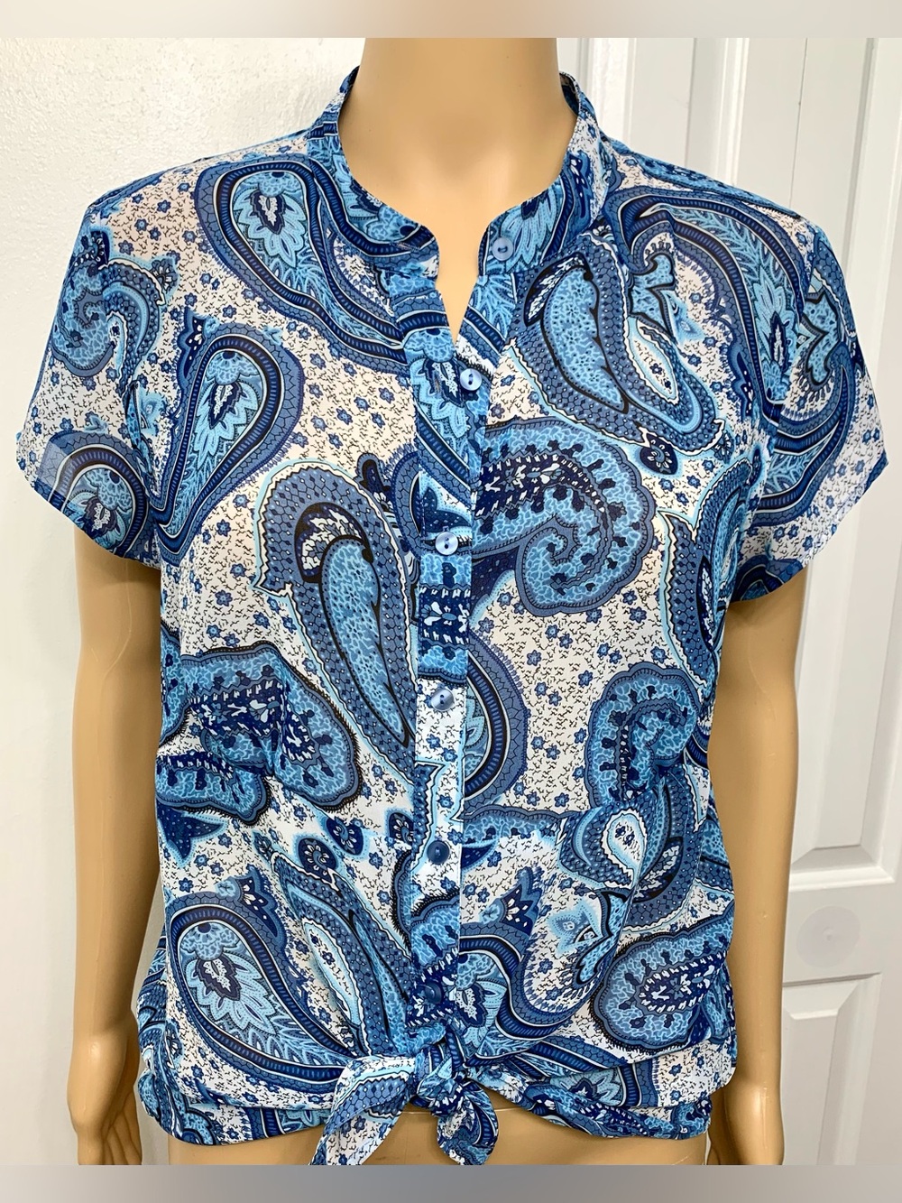 Style & Co. Blue Paisley Floral Button-Up Shirt Short Sleeve Top Blouse size S